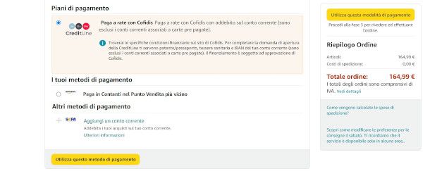 selezione metodo di pagamento Cofidis dal sito di Amazon
