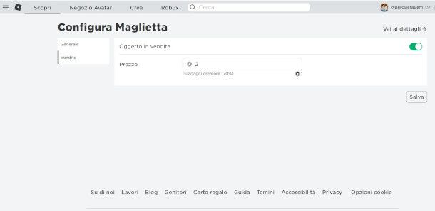 schermata vendita maglietta su Roblox