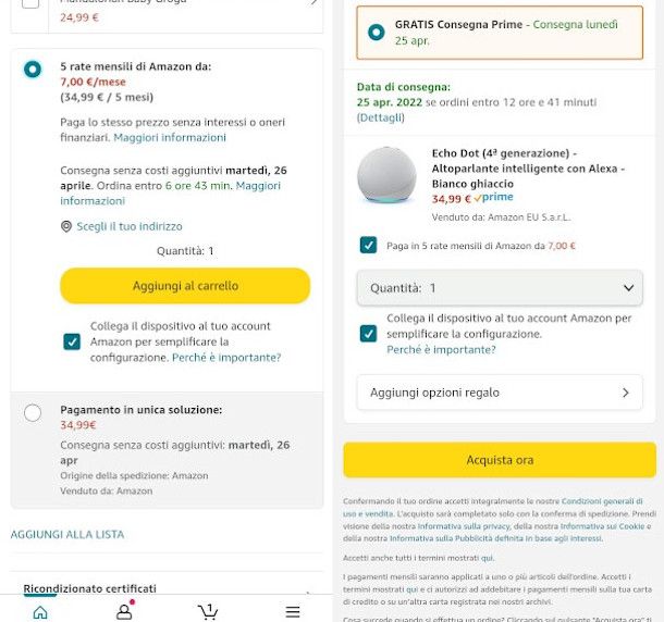acquisto con rate Amazon da app Amazon Shopping