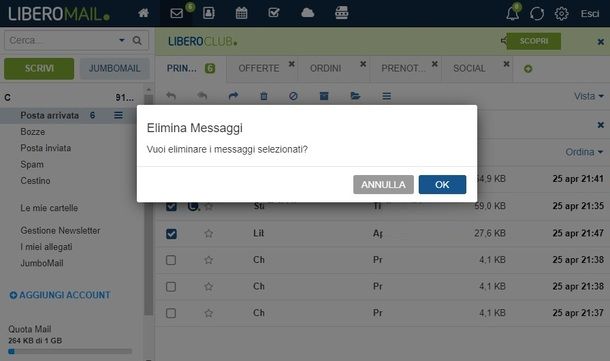 Libero Mail eliminazione email PC