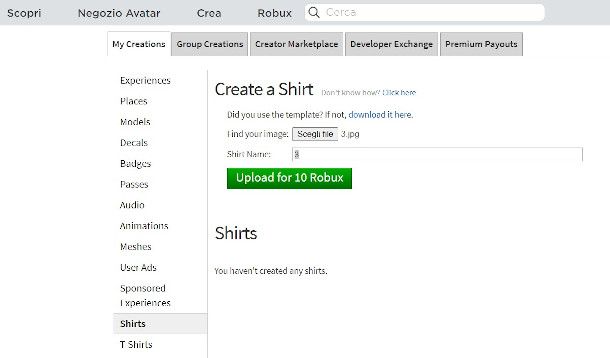 Upload Shirt su Roblox