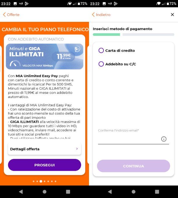 Cambiare piano tariffario da App