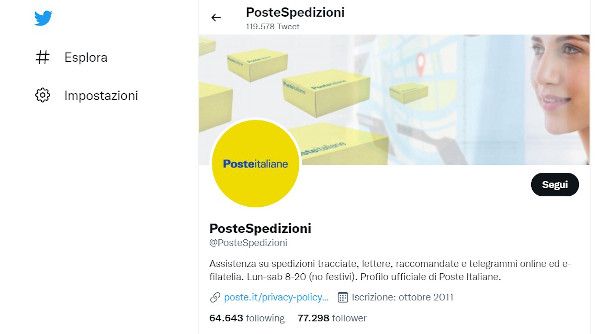pagina assistenza spedizioni Poste Italiane su Twitter