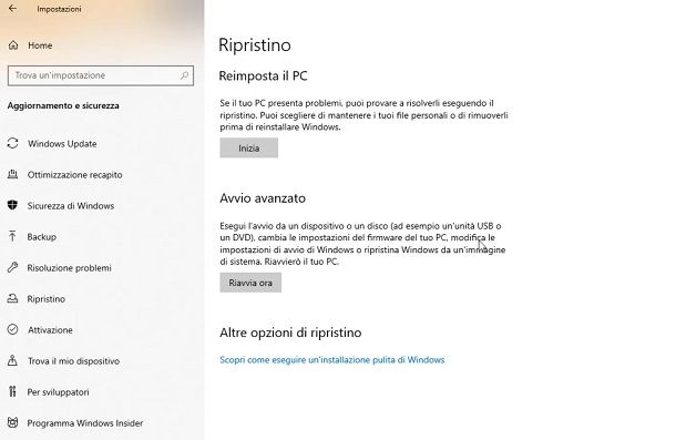 Ripristino Windows 10