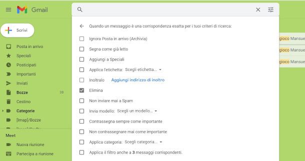 impostazione filtri posta inentrata su Gmail da Web