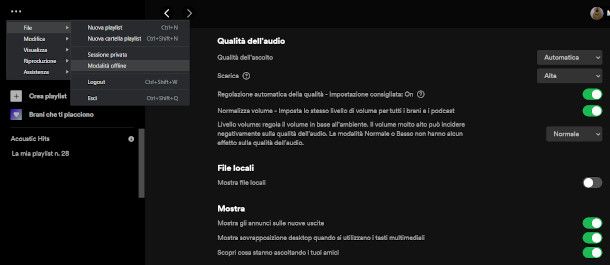 impostazioni download playlist Spotify e modalità offline da PC