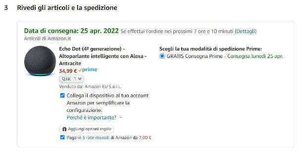 selezione rate Amazon pagina di acquisto dell'articolo