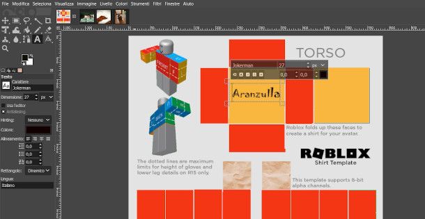 Inserimento scritta su Shirt Roblox da GIMP