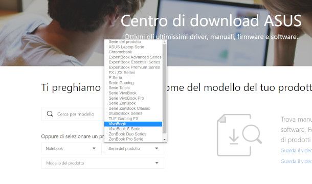 selezione modello dispositivo da sito ASUS