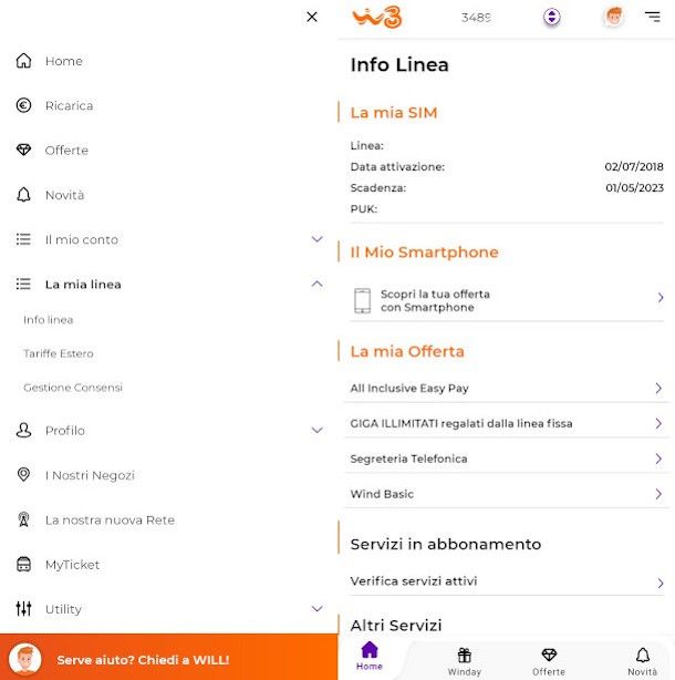 schermata app WINDTRE con le informazioni sulla SIM