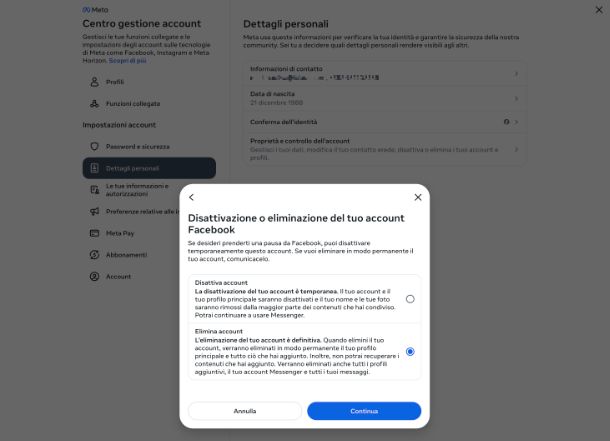 Eliminare account Facebook da computer