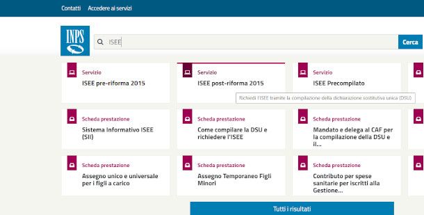 ricerca servizio ISEE da area MyINPS
