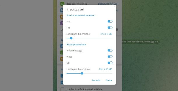 funzioni di download automatico dei media su app Telegram Desktop