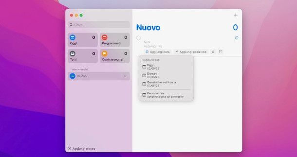 interfaccia app Promemoria per macOS