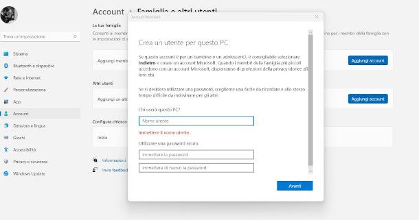 creazione account Windows 11