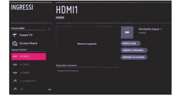 schermata preferenze interfaccia HDMI TV LG