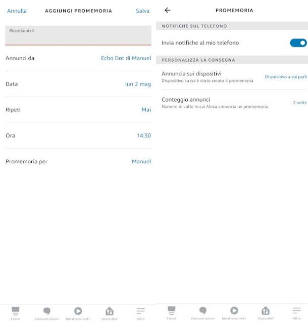 app Alexa impostazione promemoria