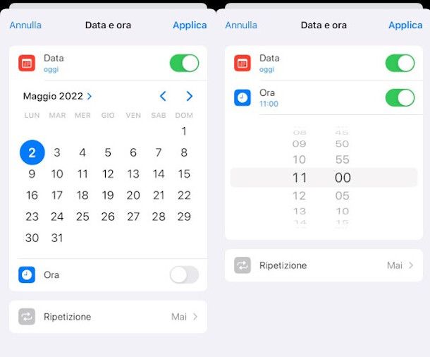 impostazione data e ora Promemoria iOS