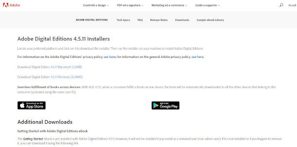 pagina di download di Adobe Digital Edition