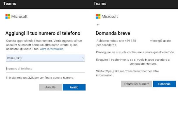 conferma numero di telefono app Teams Android