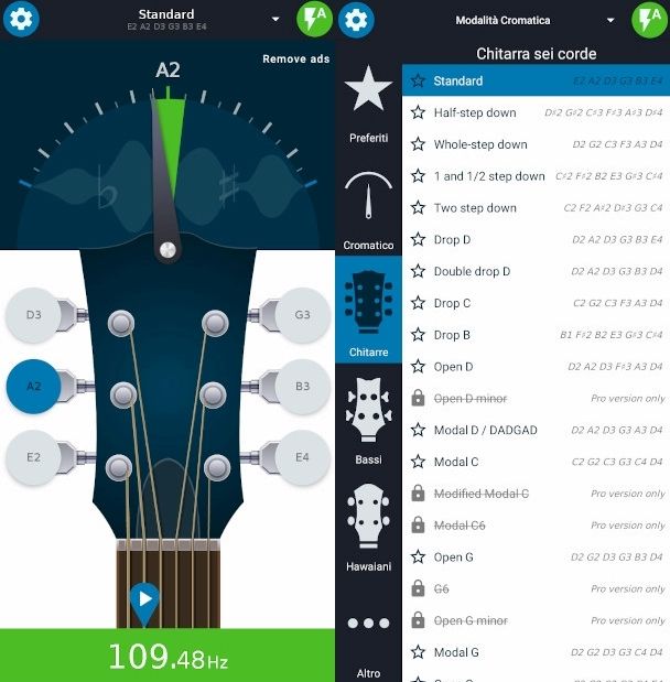 schermata funzionamento e impostazioni app Ultimate Guitar Tuner