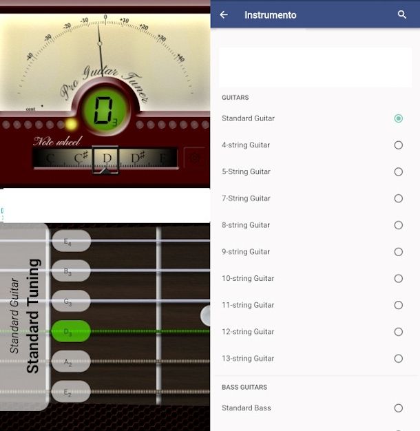 schermate funzionamento e impostazioni app Pro Guitar Tuner