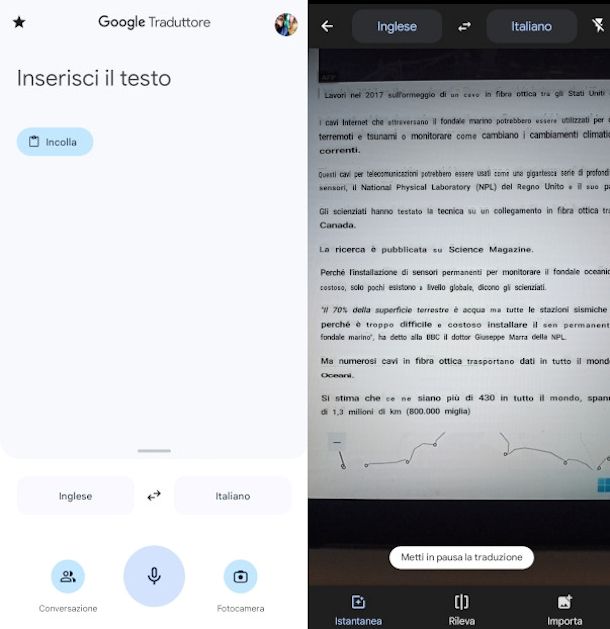 schermata app Google Translate traduzione testo da fotocamera