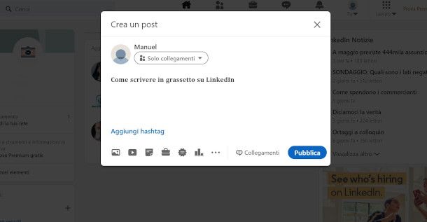 messaggio LinkedIn con testo in grassetto