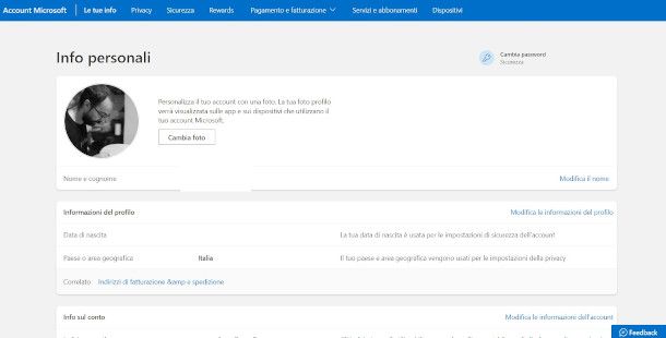 schermata Info personali accoun Microsoft online