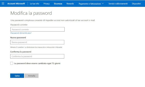 schermata di modifica password su sito microsoft