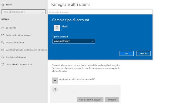 modifica account Amministratore Windows 10