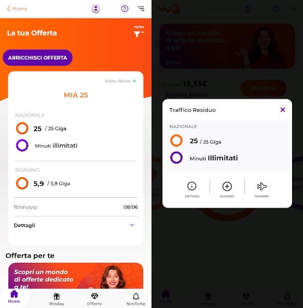 schermata Home app WINDTRE con traffico Internet