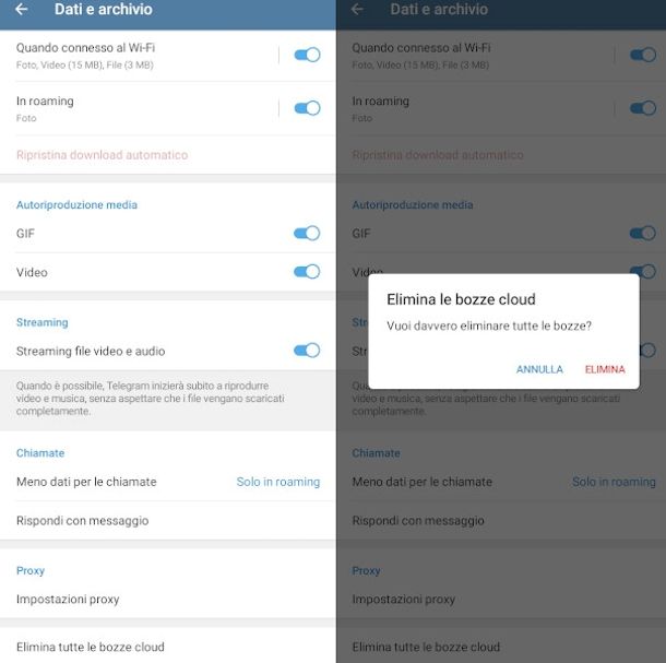 eliminazione bozze cloud app Telegram Android