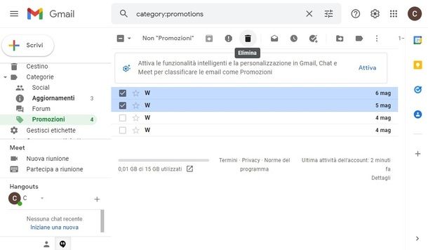 Eliminare messaggi Promozioni Gmail PC