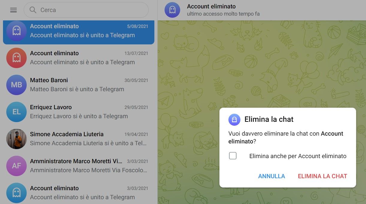 eliminazione chat app Telegram Desktop