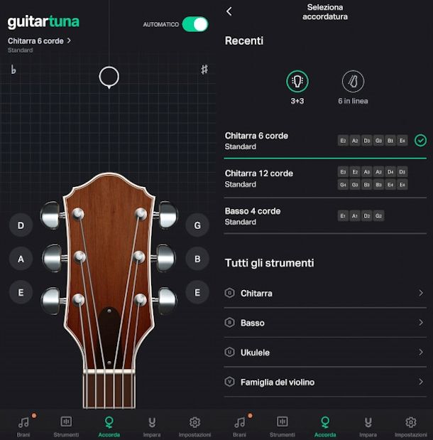 schermata principale app Guitar Tuna