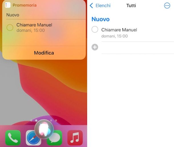 impostazione promemoria con comando vocale Siri