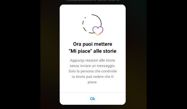 messaggio di notifica della nuova funzione Mi piace sulla Storie