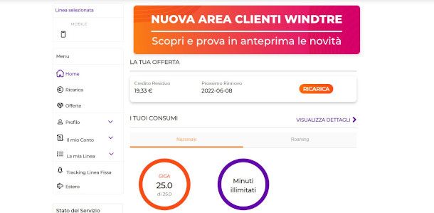 schermata area cliente sito Windtre con info su traffico dati