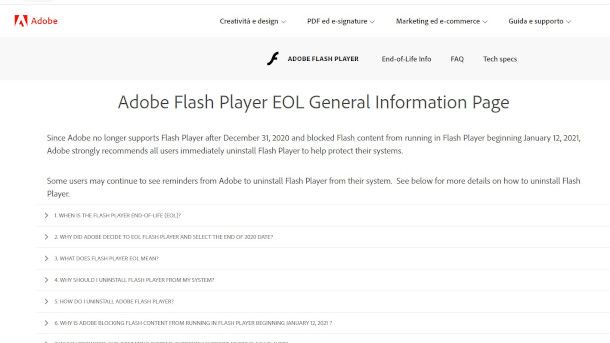 comunicazione end of life adobe flash player