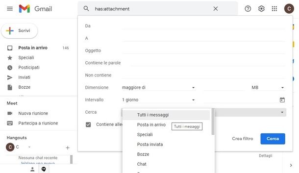 Cercare messaggi archiviati Gmail PC