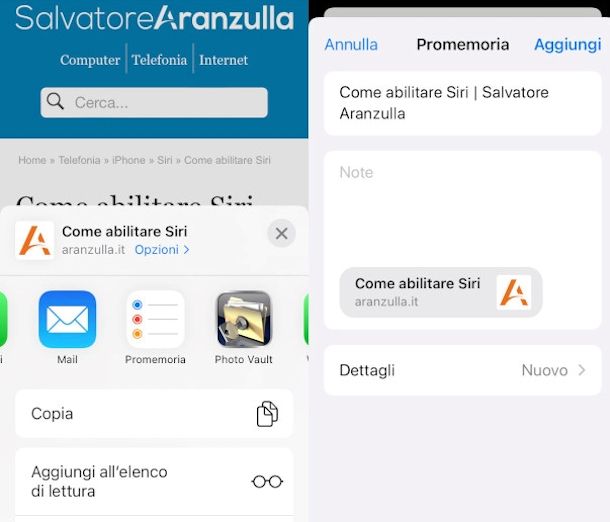 creazione di un promemoria da un'altra app iPhone