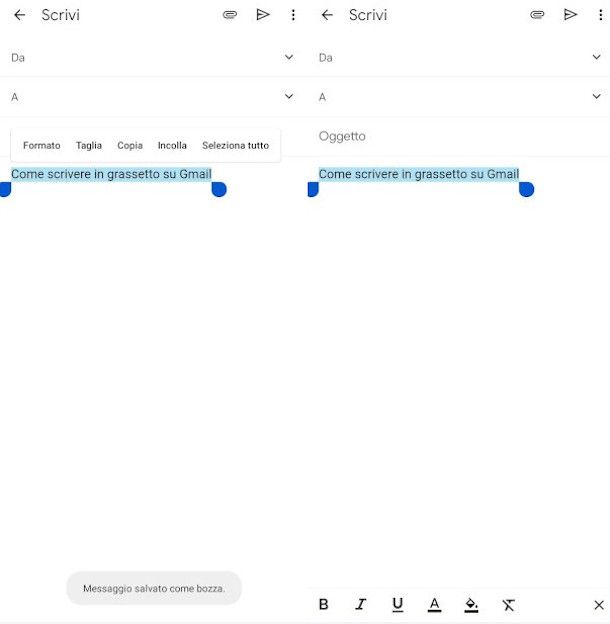 formattazione in grassetto testo email su app Gmail