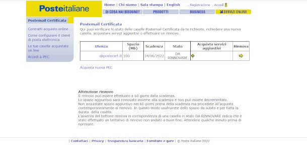 schermata per la selezione della casella Postecert da rinnovare