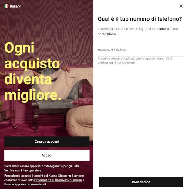 registrazione Klarna da app