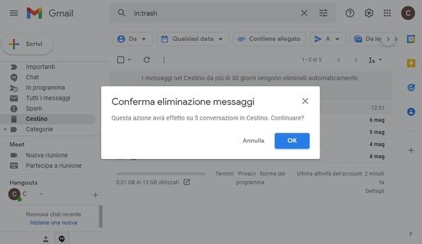Eliminare messaggi Cestino Gmail PC