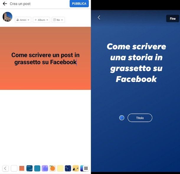 scrivere in grassetto Post e storie su app Facebook