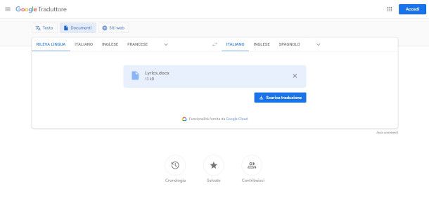 traduttore google importazione documento