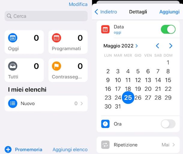 schermate di creazione di un promemoria iPhone