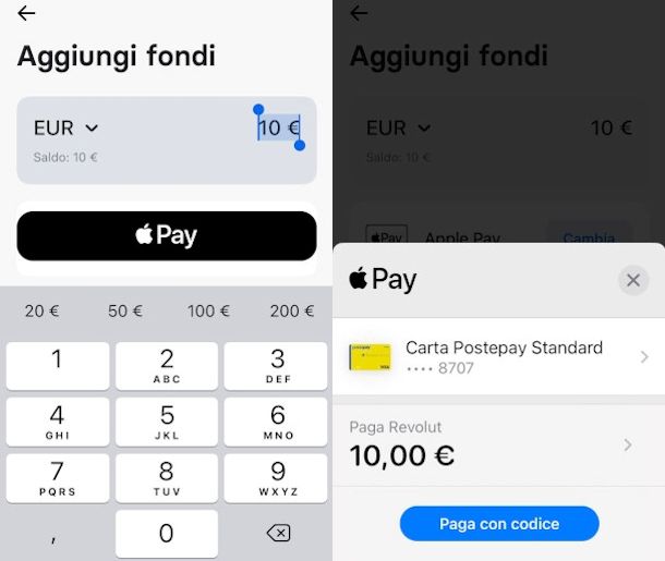 ricarica credito conto Revolut con Apple Pay